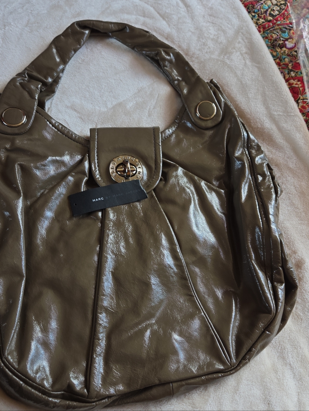 Marc by Marc Jacobs Olive Green Patent Hobo Bag with Gold Hardware